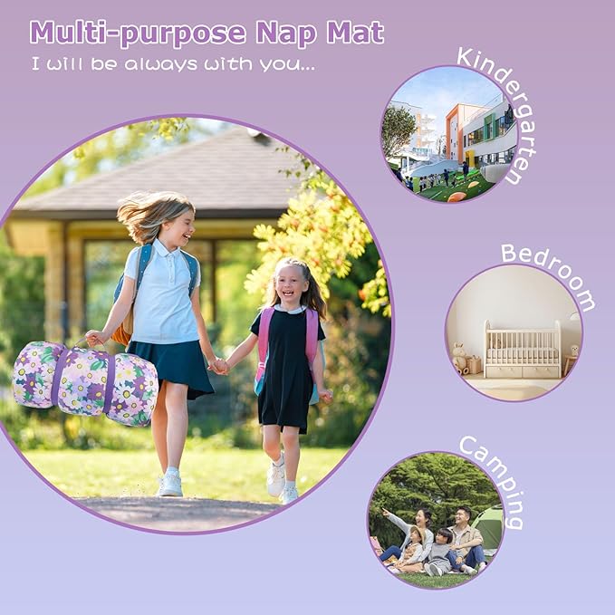 Toddlers Nap Mat with Removable Pillow and Soft Blanket, Lightweight Daycare Preschool Kindergarten Sleeping Bag, Travel Slumber for Kids Girls Boys