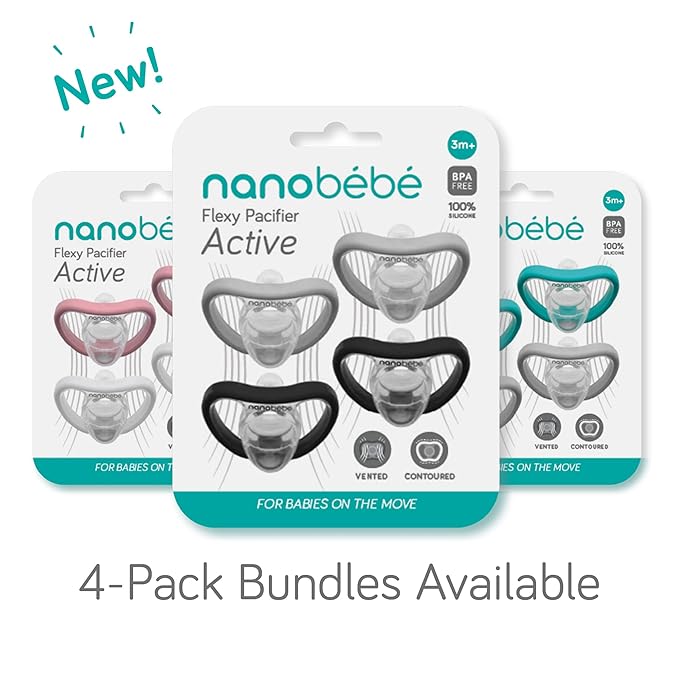 Nanobebe Active Baby Pacifiers 4-36 Months - Orthodontic, Lightweight and Vented, Curves Comfortably with Face Contour, 100% Silicone - BPA Free, Perfect Baby Registry Gift 4pk, Black/Grey