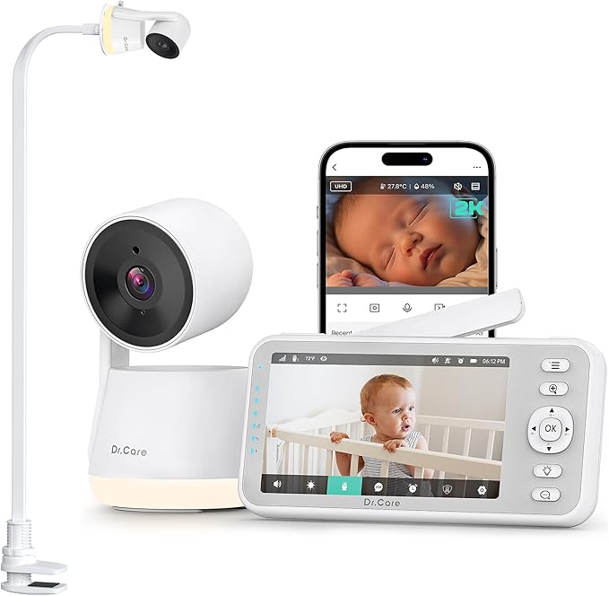 Dr.Care LumiView Smart WiFi Baby Monitor with Clip Mount - 5" 1080P FHD & 2K Camera App Control, Privacy Mode, 5000mAh Removable Battery, Cry & Motion Alerts, HD Night Vision, RGB Night Light