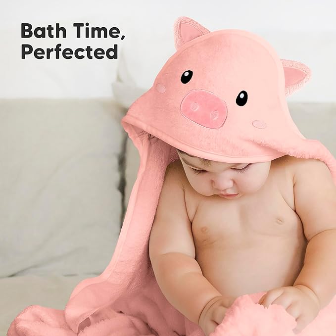 KeaBabies Hooded Baby Towel for Newborn - Viscose Derived from Bamboo Large Baby Bath Towels with Hood for Boys, Girls, Toddler, Extra Absorbent & Soft Newborn Bath Essentials (Piglet, Regular)