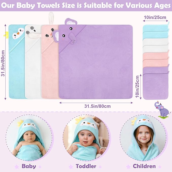 CandyHome 12 PCS Baby Bath Towels Set for Infants Toddlers, 4 PCS Animal Hooded Baby Towels & 8 PCS Washcloths Set, Ultra Absorbent Soft Cute Newborn Bath Essentials Gifts for Boys & Girls