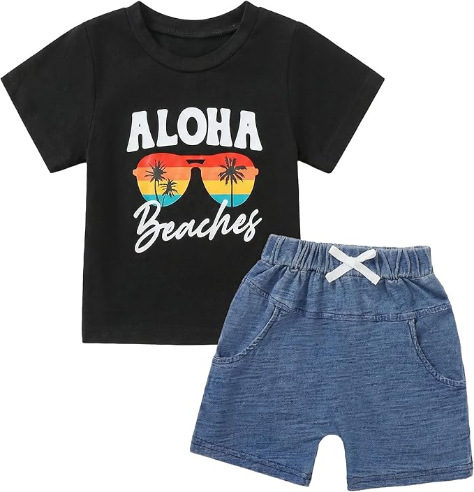Jecson Baby Boy Summer Clothes Toddler Boy Outfits Letter Print Short Sleeve T-Shirt Denim Shorts Clothing Set 6M-4T