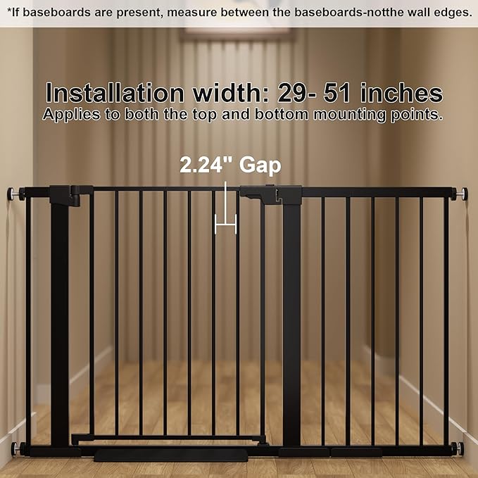29-51 inches Extra Wide Metal Baby Gate for Stairs/Doorways, 30 inches Tall Pressure Mounted Pet Gates, Auto-Close Child Safety Gate, No Drilling Easy Walk-Through Dog Gate Indoor, Black