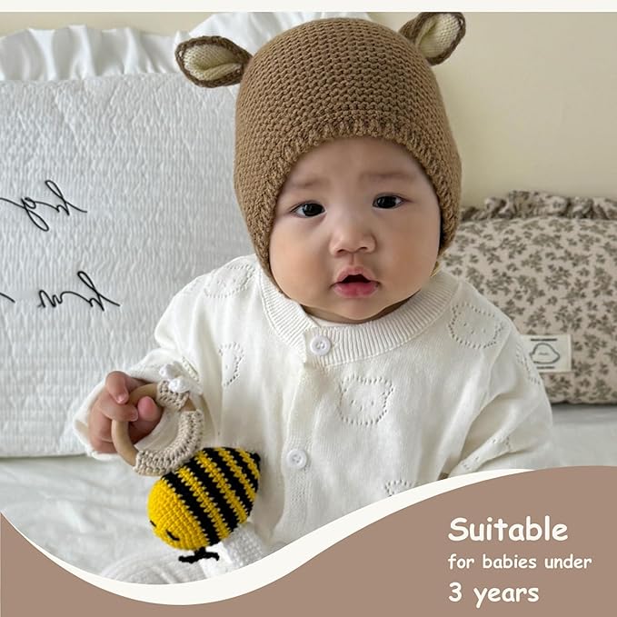 DICHA Crochet Bee Baby Rattle - Sensory Toy for Babies - Ideal for Baby Shower - Includes Beech Teething Ring