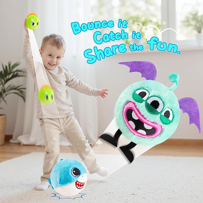 ZOOJOY 3 Pcs Plush Bouncy Balls for Toddlers and Kids, 3-Inch High Bounce Sensory Toys Featuring Dinosaur, Shark & Monster, Soft Game Balls Gift for Boys 6 Months+, Indoor & Outdoor Play