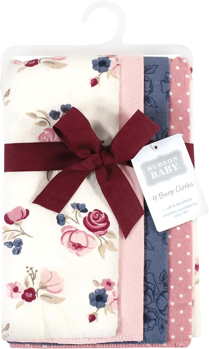 Hudson Baby Cotton Poly Flannel Burp Cloths Multipack, Dusty Rose Floral 8-Pack, One Size