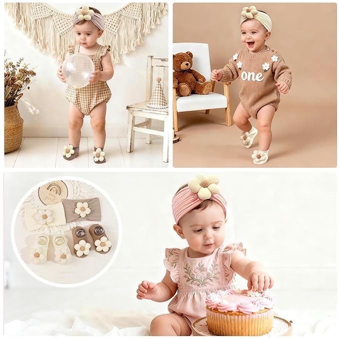 JOYOYO Baby Flower Headband and Socks, Cute Baby Girl Headbands and Soft Socks Sets for Toddler Newborn Infant Girl (Beige Pink Khaki)
