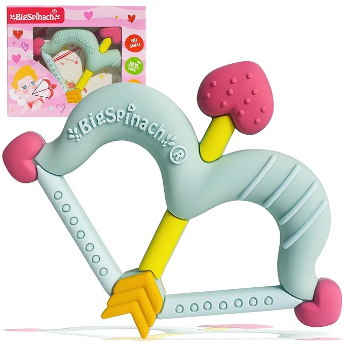 Teethers Heart Shape Silicone Baby Teether Toy Easy for Little Hands to Hold,Cupid Bow and Arrow Soft Teething Toy for Infants,Valentine's Gift for Girl or Boy (Green)