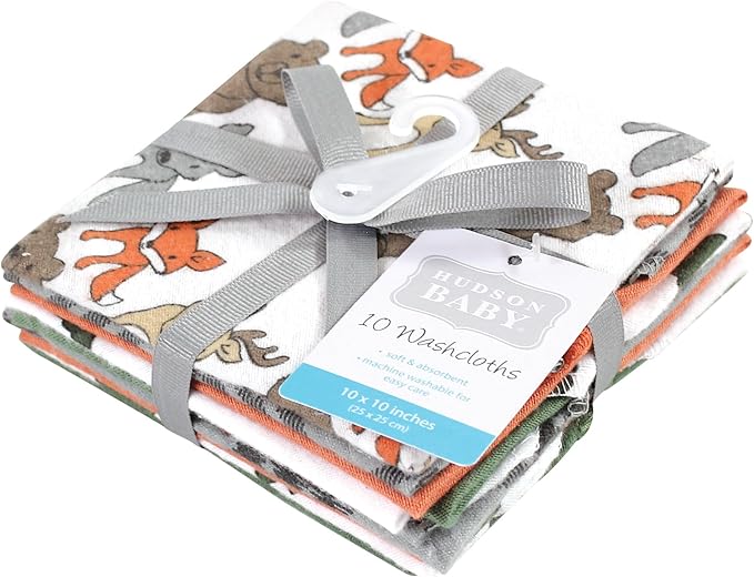Hudson Baby Unisex Baby Flannel Cotton Washcloths 10-Pack, Wild Forest, One Size