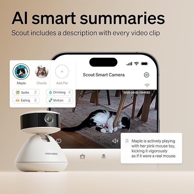 PETLIBRO AI Dog Camera Pet Camera Indoor with Phone App [Multi-Pet Recognition, Daily Activity Analysis & Smart Summaries] Cat Cam 360° View, 1080P Dog Cam Night Vision, 2-Way Audio Home Camera WiFi