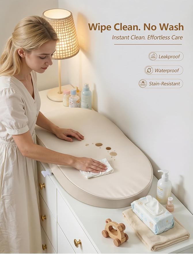 Wipeable Baby Changing Pad: Changing Pad Babies for Dresser Waterproof 31.5” * 15.7” with Removable Safety Strap for Diaper Changing on Table (Creamy White)