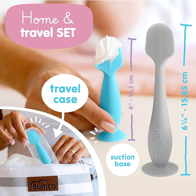 Bumco Baby Bum Brush + Mini Baby Diaper Cream Spatula with Case - BPA-Free Silicone Diaper Spatula with Suction Cup, Wipe-Clean, Mom-Invented Butt Paste Applicator (Gray & Blue)
