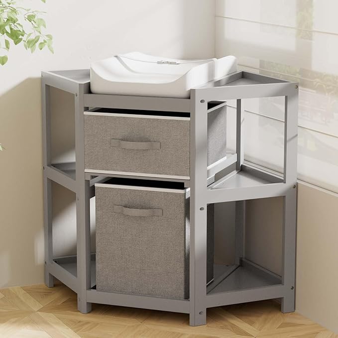 YUFU Baby Corner Changing Table with Storage Drawers, Portable Diaper Changing Station with Baby Changing Pad, Modern Wood Changing Table Dresser for Infants and Toddlers (Gray)