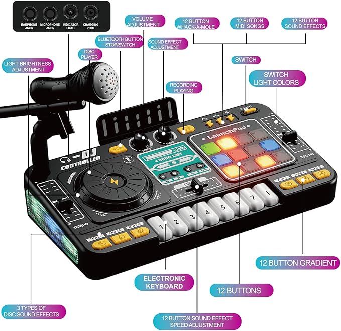 Kids DJ Mixer Controller Table Musical Toy Electronic Toy with LED Lights Sound Effect Microphone Piano DJ Board Key Musical Instruments Birthday Gift Toys for 3 4 5 6 7 Year Old Boy Girl
