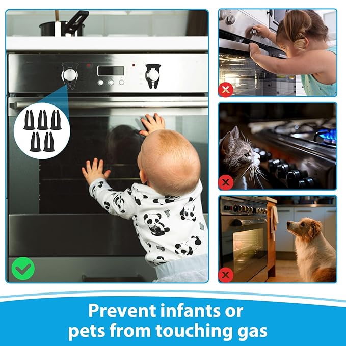 Stove Knob Safety Covers Baby Proof, Gas Stove Locks for Child and Pet Safety, Heat-Resistant Silicone Oven Knob Covers, Easy Install No Tools Needed (5 Pack)
