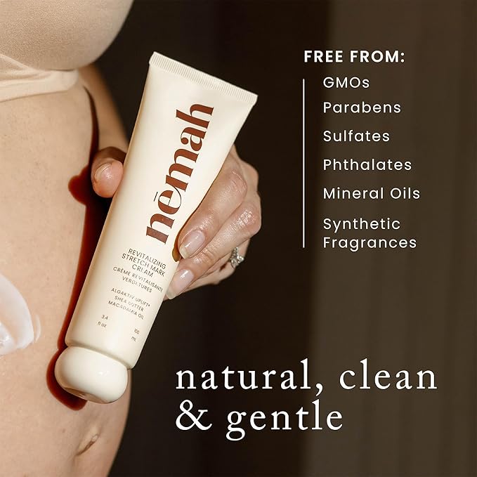 Nemah Stretch Mark Cream for Pregnancy, Moisturizing Belly Cream with Algaktiv UpLift, Shea Butter & Macadamia Oil, Pregnancy Body Cream for Belly, Hips & Thighs, 3.4 oz