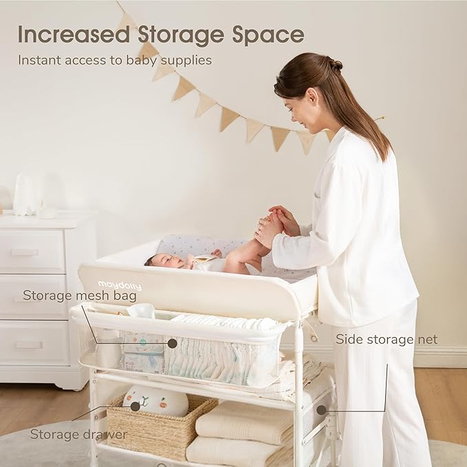 Maydolly Baby Changing Table, Portable Foldable Changing Table, Waterproof Diaper Changing Station, Adjustable Height Changing Station, Mobile Nursery for Newborn and Infant (Beige Without Drawer)