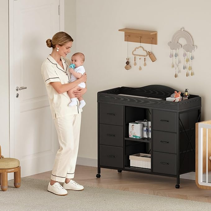Changing Table, 6-Drawer Baby Dresser with Changing Table top,Waterproof Diaper Changing Station & Pad, 2 Height-Adjustable Open Storage Shelves, Mobile Nursery Organizer, Black