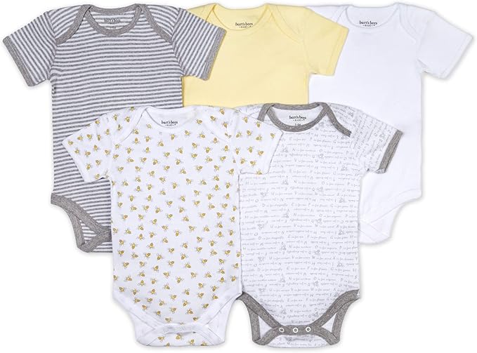 Burt's Bees Baby Bodysuits, Short Sleeve and Long Sleeve One-Pieces, 100% Organic Cotton, Pack of 5