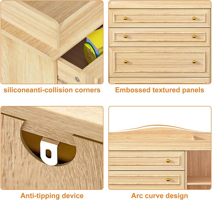 St.Mandyu Wood Changing Table Dresser, Baby Nursery Dresser, Baby Diaper Changing Table, 5 Drawers, Adjustable Shelves, Metal Handle, Curved Wrapping Design, Nature