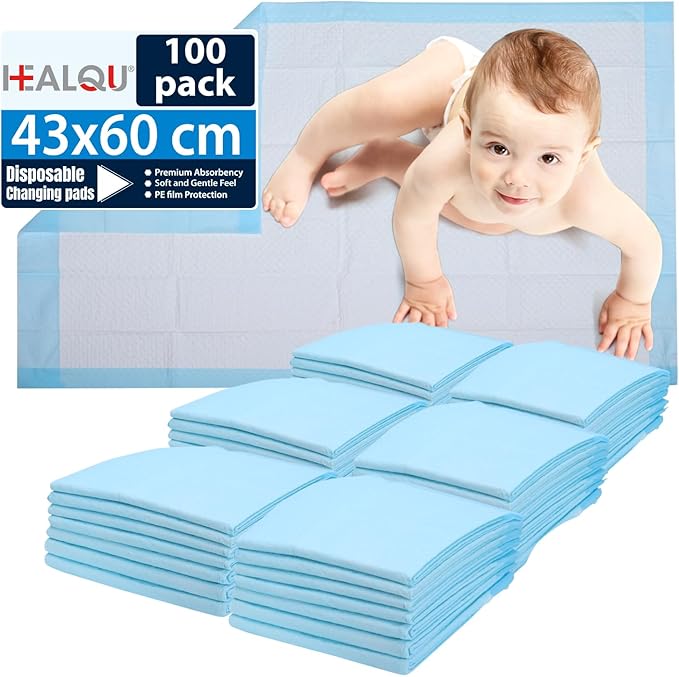 Healqu 100 Pack,Disposable Baby Changing Pad Liners - 17x24 Inches Super Soft, Absorbent and Waterproof - Mess-Free Baby Diaper Changes on Every Surface