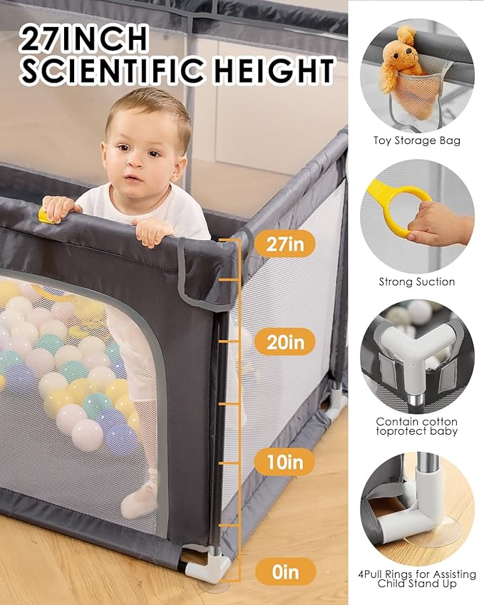 Baby Playpen with Mat, 50" x 50" Extra Large Play Yard for Babies and Toddlers, Baby Fence with Soft Thick Play Mat, Indoor Safety Activity Center for Infants, Easy to Assemble and Clean（Gray）
