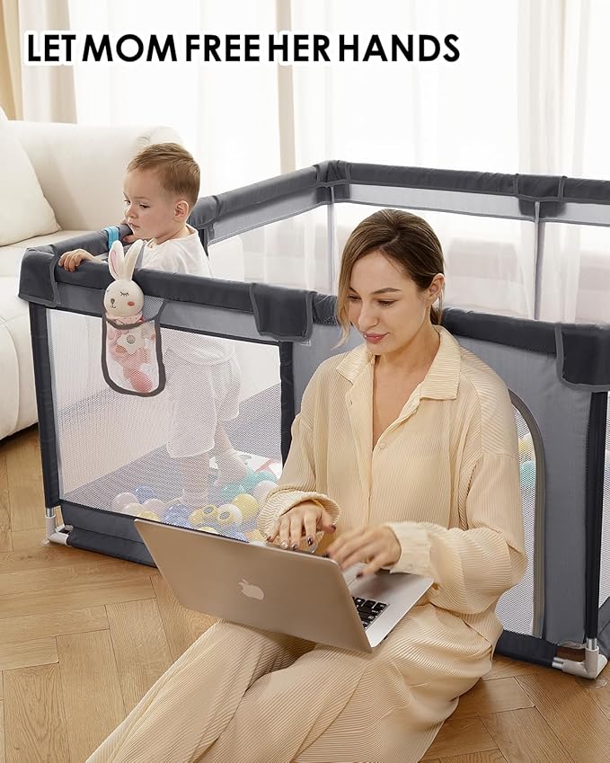 50" x 50" Extra Large Baby Playpen for Babies and Toddlers, Safe with Soft Play Fence, Indoor Safety Yard, Easy to Assemble and Clean (Gray)