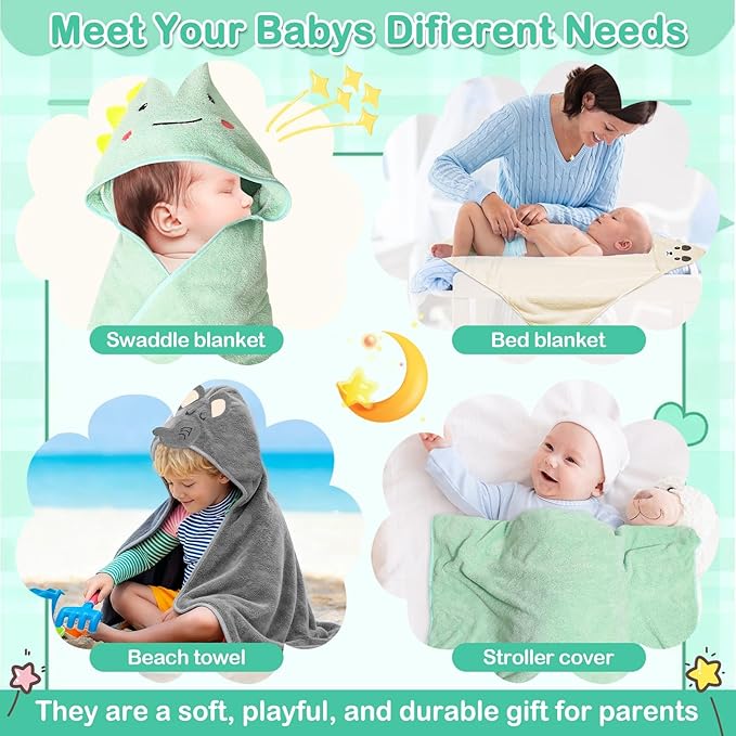 12 Pcs Baby Towels and Washcloths Set, Hooded Baby Towel, Soft and Absorbent Baby Bath Towels, 3 PCS Cute 32x32 in Baby Towel with Hood and 9 Pcs Baby Washcloths for Boys and Girls