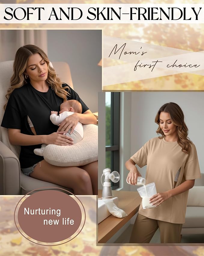 3 Pack Women's Oversize Nursing Breastfeeding Shirts Hidden Zipper Short Sleeve Loose Fit Maternity Tops