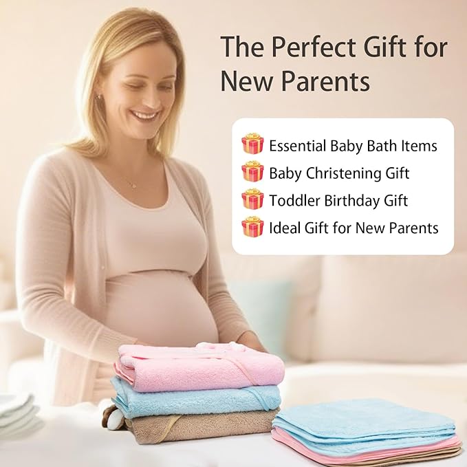12 PCS Hooded Baby Towel Set, 32x32 Inch Absorbent Baby Bath Towels, 3 PCS Soft Hooded Towels & 9 PCS Washcloths, Ideal for Newborns, Toddlers, and Babies – Baby Bath Essentials (Pink + Brown + Blue)