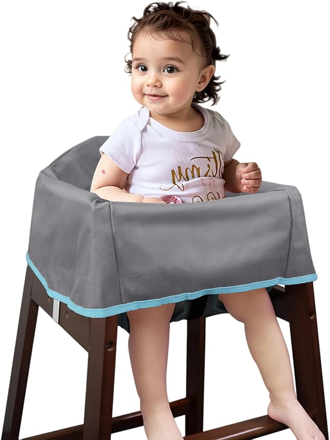 Reusable Waterproof High Chair Cover,for Wooden or Restaurant High Chair, Protect Against Messy Meals and Dirty,Dual-Belt Baby High Chair Cover,Waterproof and Washable,Gray
