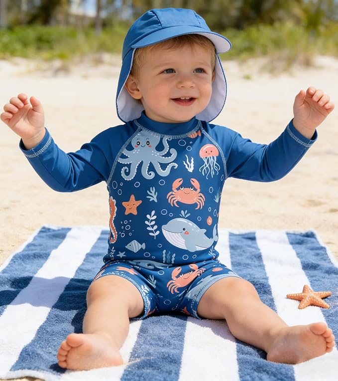 ADUKIDE Baby Boys Swimsuit Summer Beach Rash Guard Swimwear One Piece Sunsuit with Sun Hat 3-24 Months