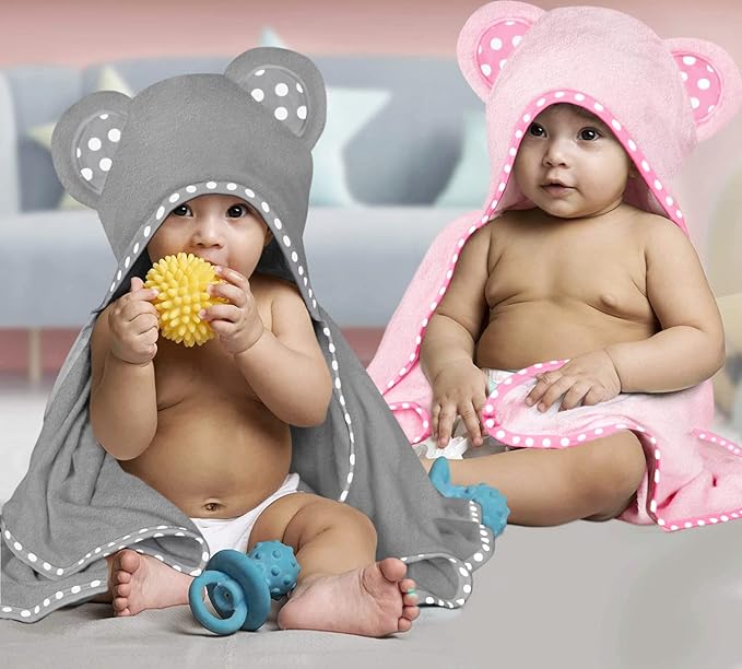 Set of 2 Hooded Baby Towels – Pink and Grey – Luxurious, Large and Super Absorbent – 30 x 30 Inch – Soft and Suitable for Infants, Toddlers and Kids – 400 GSM