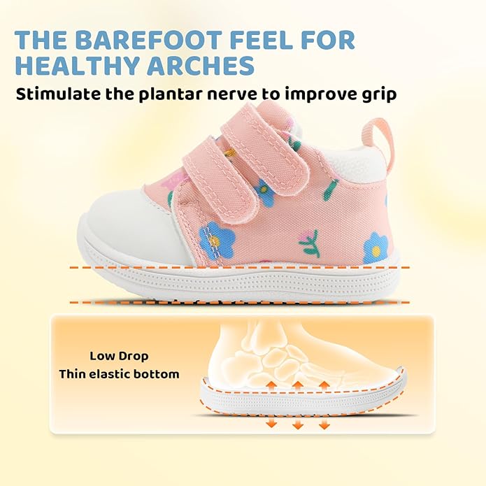 Baby First Walking Shoes Baby Girls Wide Barefoot Sneakers Lightweight Soft Toddler Shoe Non-Slip Ankle Support