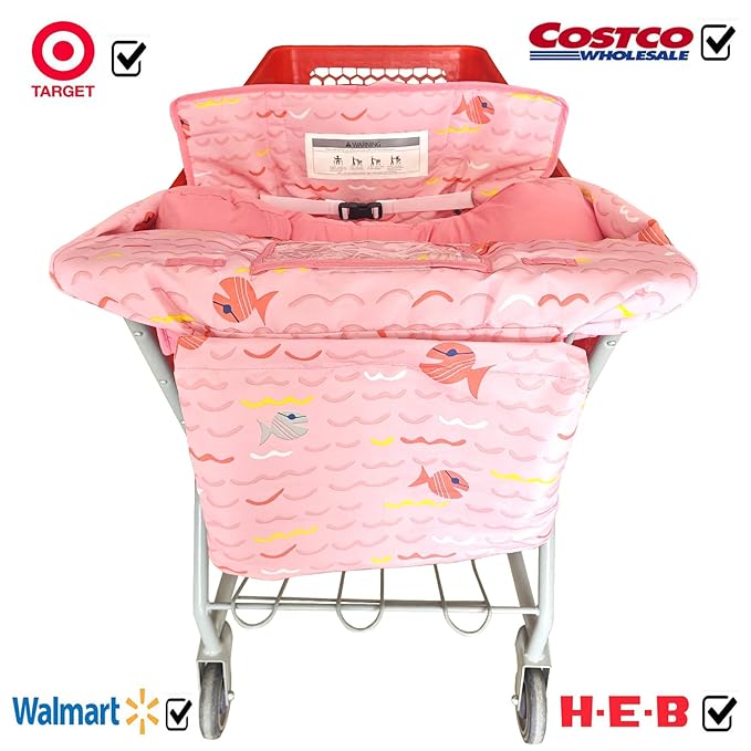 Love&go Soft Pillow Attached 2-in-1 Shopping Cart and High Chair Cover for Baby, Cotton Padded Cart Cover, Fold'n Roll Style, Portable with Carry Bag (Pink Fish)