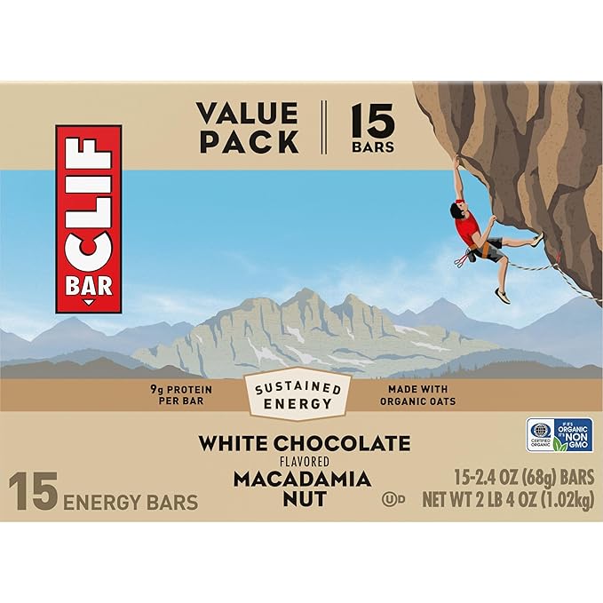 CLIF BAR - Energy Protein Bars - White Chocolate Macadamia Nut - Made with Organic Oats - Energy Bars - Non-GMO - (15 Pack)