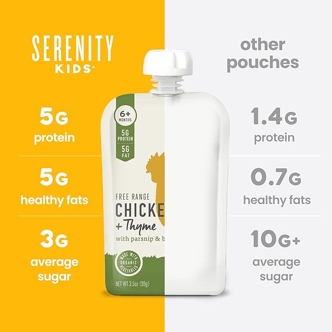 Serenity Kids 6+ Months Baby Food Pouch - Chicken & Thyme - 5g Protein Baby Meat Pouch - Organic Parsnip & Beet Puree - Savory Toddler Snacks - 3.5 Oz, 6 Pack