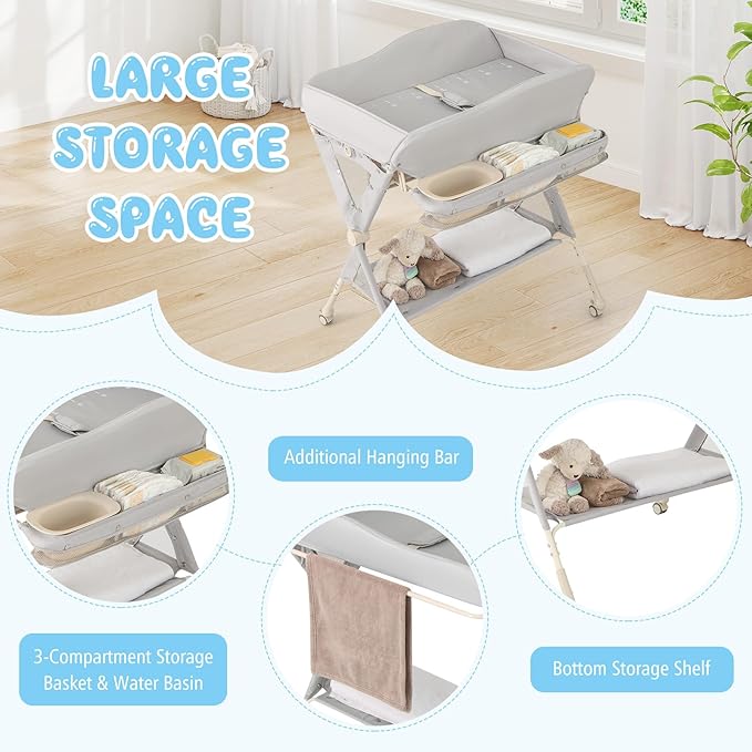 BABY JOY Portable Baby Changing Table, Foldable Diaper Changing Station w/Wheels, Adjustable Height, Large Storage Rack, Water Basin, Safety Belt, Mobile Nursery Organizer for Newborn Infant (Gray)