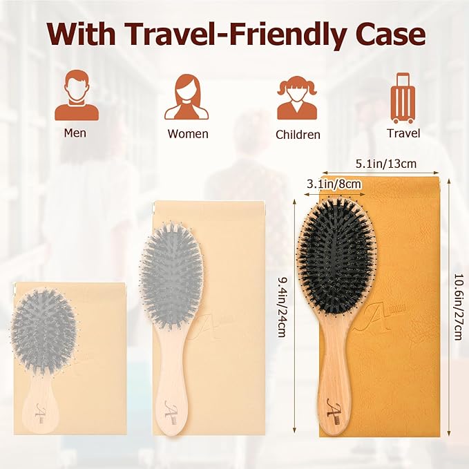 Boar Bristle Hair Brush Gift Set for Women & Men, 100% Natural Bristle & Nylon, Reduces Frizz & Static, Gentle Detangling for All Hair Types Thick Thin Curly Straight, Large Size