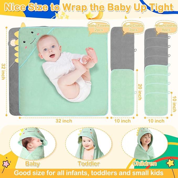 12 Pcs Baby Towel Set, Soft Baby Bath Towels and Washcloths Set, 2 Pcs Hooded Baby Towel, 2 Pcs Baby Burp Cloths and 8 Pcs Baby Washcloths for Infants, Toddlers and Kids (Dinosaurs & Elephants)