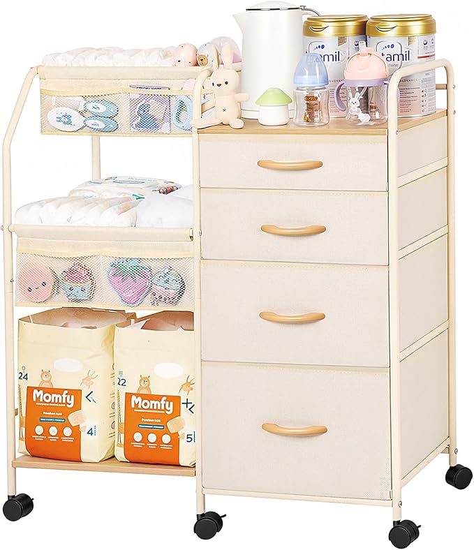 Fabuday Baby Diaper Caddy Organizer Cart - 4 Tier Rolling Diaper Cart with Wheels, Baby Essentials Organizers and Storage, Mobile Utility Carts for Bedside, Crib Nursery, Bedroom, Changing Table