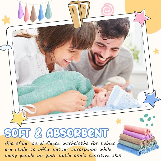 Handepo 100 Pack Baby Washcloths Bulk 10 x 10 Inch Microfiber Coral Fleece Baby Face Towels Absorbent and Soft Wash Cloths for Newborns Infants and Toddlers(Colorful)