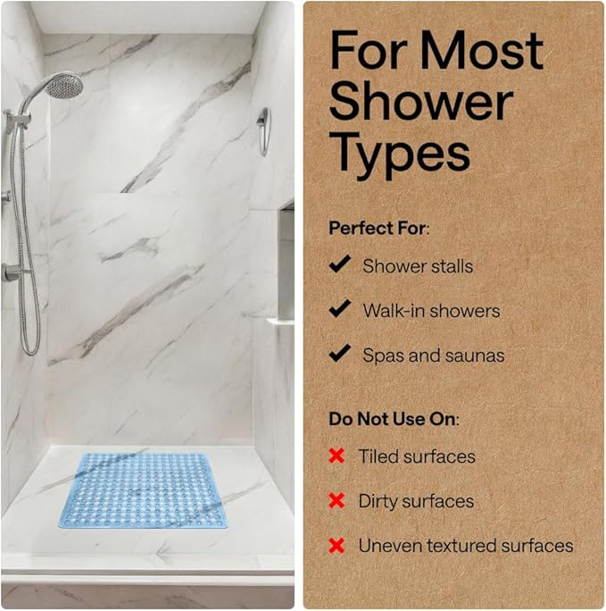GORILLA GRIP Patented Square Shower Stall Mat, Small Bathtub Floor Mats for Stand Up Showers with Suction Cups and Drainage Holes, Machine Washable, Soft on Feet, Bathroom Accessories 21x21 Inch, Blue