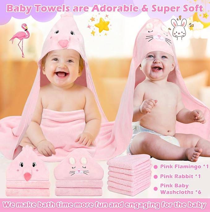 8 Pcs Baby Towel Set, Soft Baby Bath Towels and Washcloths Set, 2 Pcs 32x32 in Cute Baby Towel with Hood and 6 Pcs Baby Washcloths for Infants, Toddlers and Kids (Pink Kitten & Flamingo)