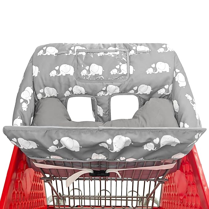 Love&go Soft Pillow Attached 2-in-1 Shopping Cart and High Chair Cover for Baby, Cotton Padded Cart Cover, Fold'n Roll Style, Portable with Carry Bag (Gray Elephant)
