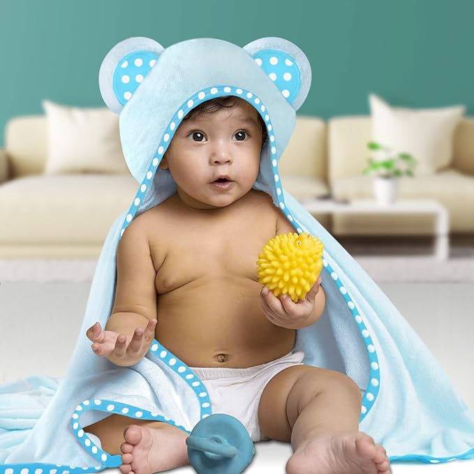 Set of 2 Hooded Baby Towels – White and Blue – Luxurious, Large and Super Absorbent – 30 x 30 Inch – Soft and Suitable for Infants, Toddlers and Kids – 400 GSM