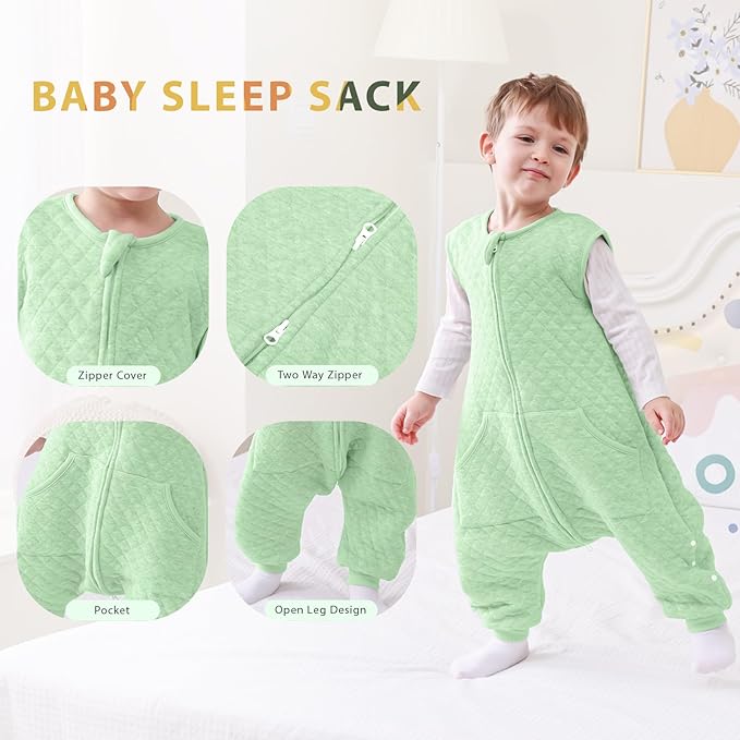 HOMEAL 1.0 TOG Toddler Sleep Sacks, Sleeveless Baby Sleep Sack with Feet, Breathable Toddler Wearable Blanket, 2T-3T, Sage