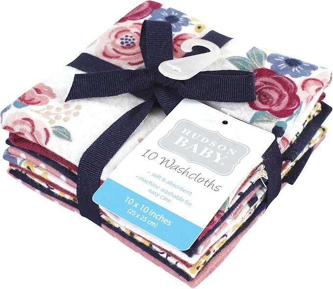 Hudson Baby Unisex Baby Flannel Washcloths, Blush Navy Floral 10Pk, One Size