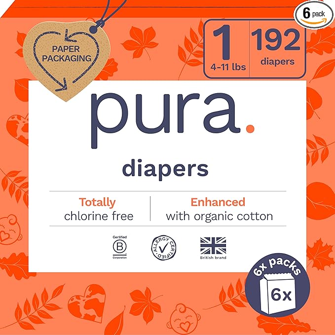 Pura Hypoallergenic Diapers, Size 1 (4-11 lbs), Monthly Pack, Totally Chlorine Free, Wetness Indicator, Suitable for Sensitive Skin, Soft Cotton Comfort, Overnight, 6 Packs of 32 (192 Baby Diapers)