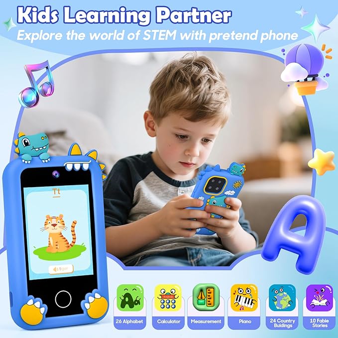 Kids Phone for Boys, Dinosaur Toy Phone Christmas Birthday Gifts for Boy Ages 3-10, Toddler Learning Phones with Touchscreen, 44 Game, Dual Camera, Music Player, 32GB Card & Dino Bag (Blue)